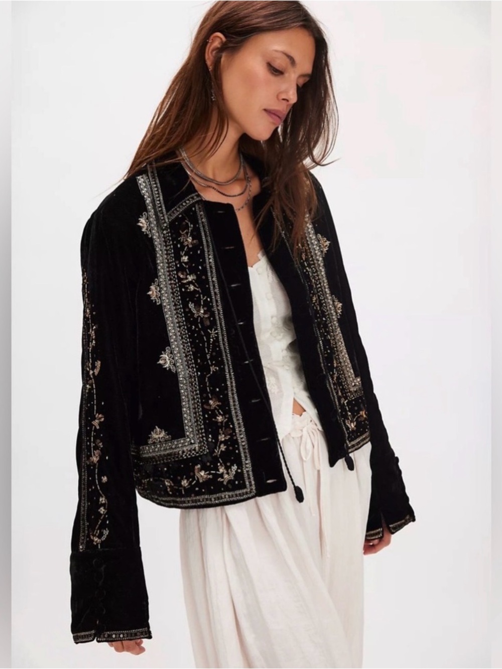 Free People Maxxie Embroidered Black Velvet Women’s Jacket